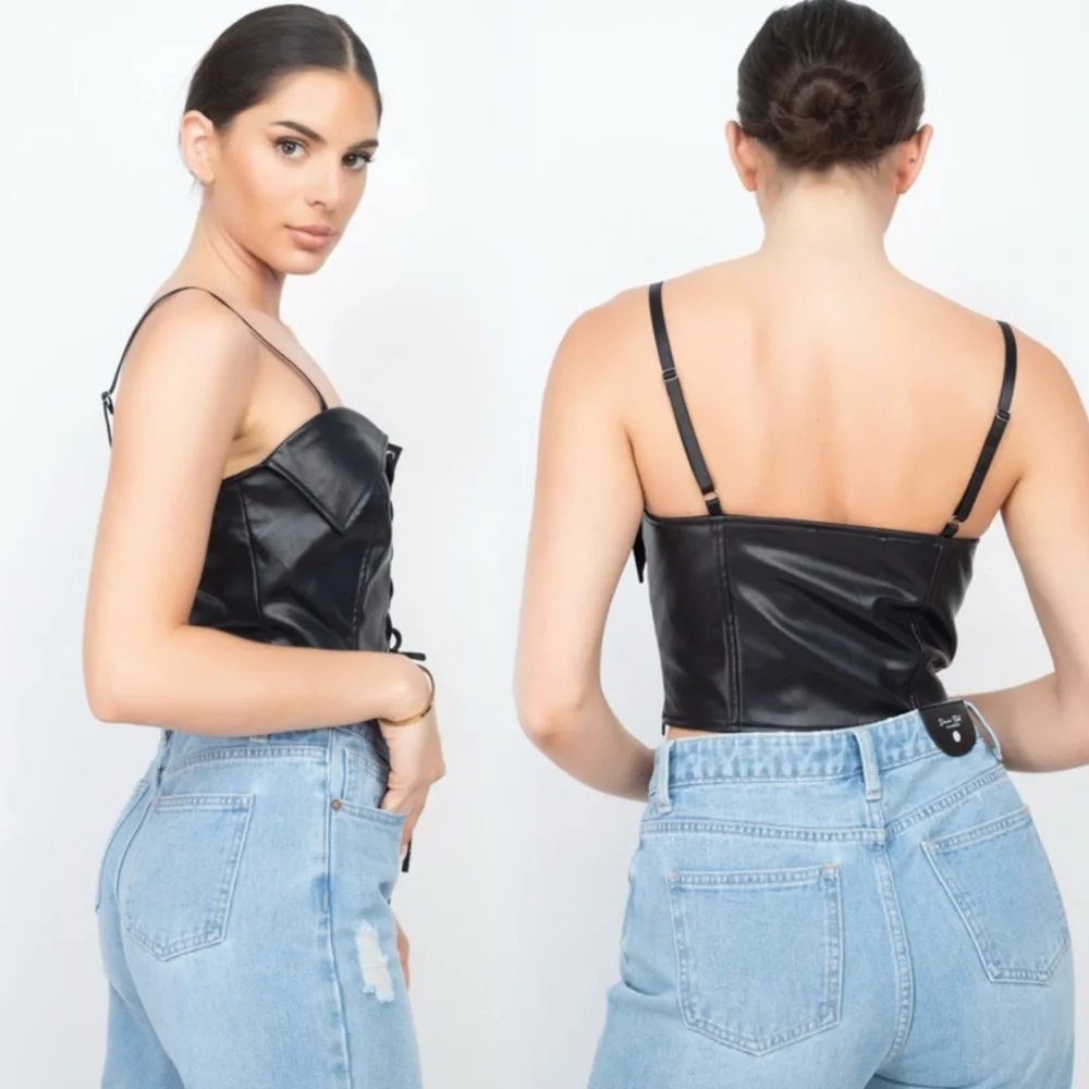 Black Lace-Up Leather Crop Top